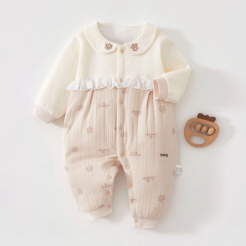 Floral Cotton Long Sleeve Baby Romper - Princess Style, 40g, for Girls