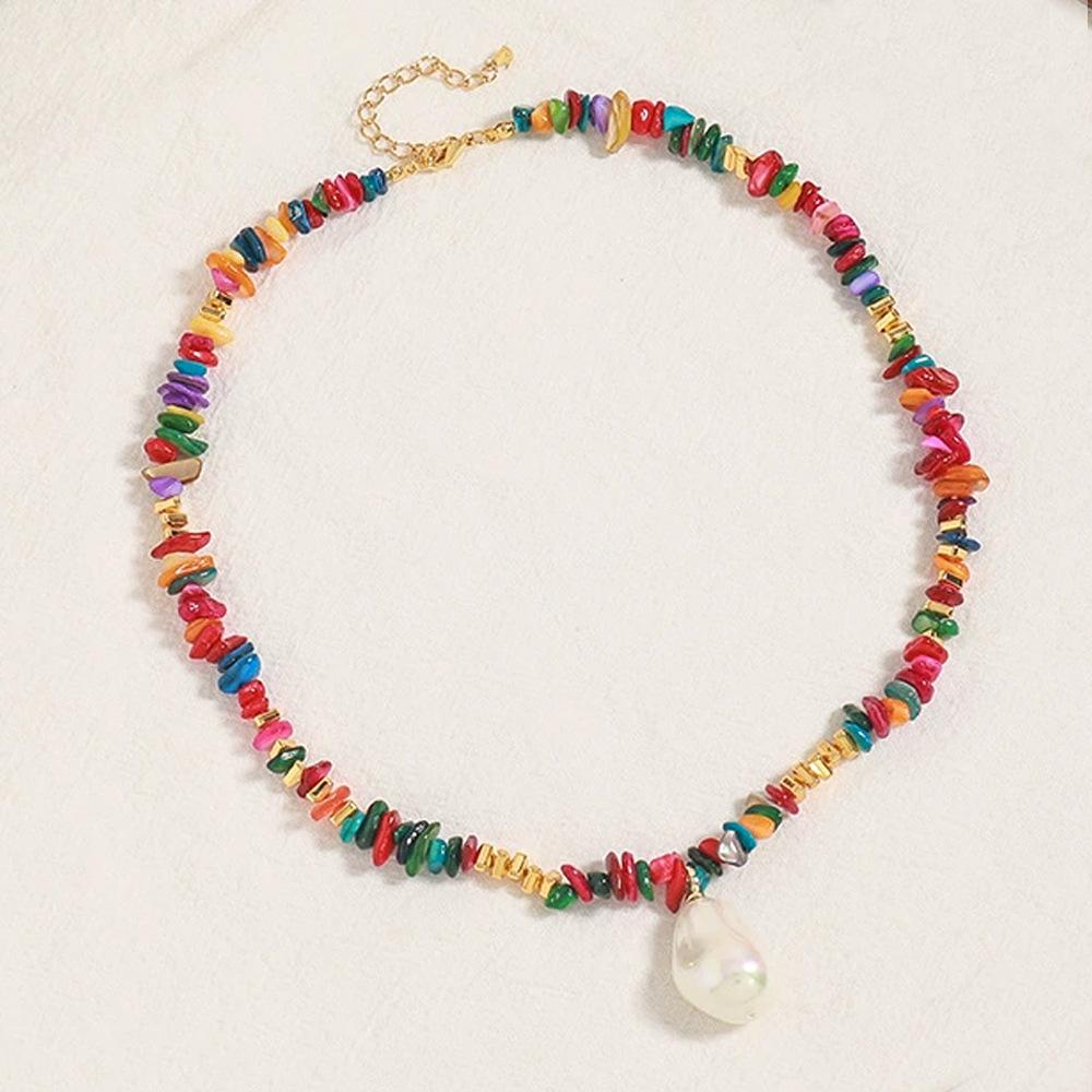 GEMCHIC Women s Colorful Irregular Natural Shell Beaded Necklace Bohemian Style Summer Vacation Choker