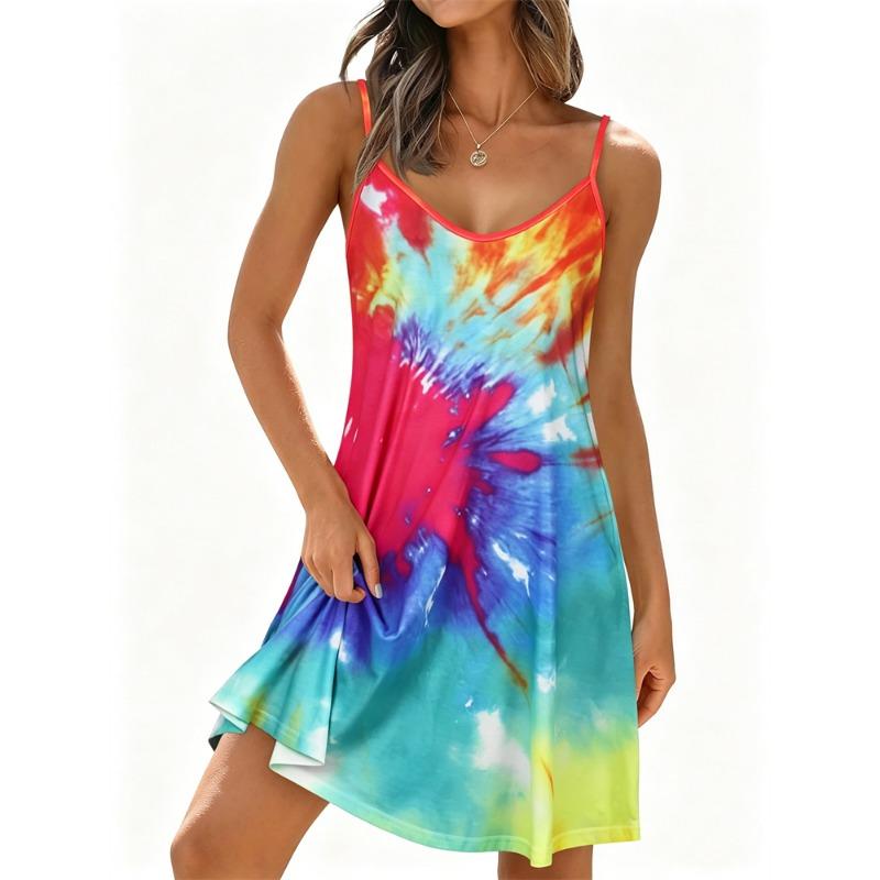 Summer Women's Simple and Elegant Daisy-Print Spaghetti-Strap Dress Round-Neck Fashionable Casual Dress