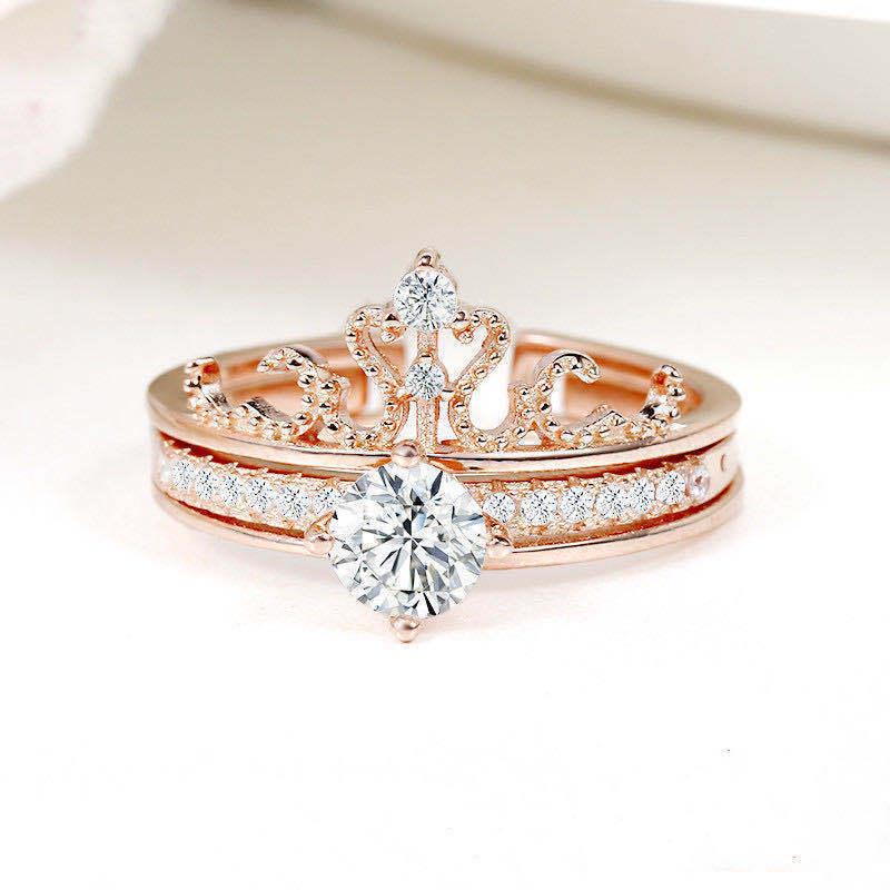 Korean Fashion Two-Piece Crown Projection Ring Set for Women Adjustable Open