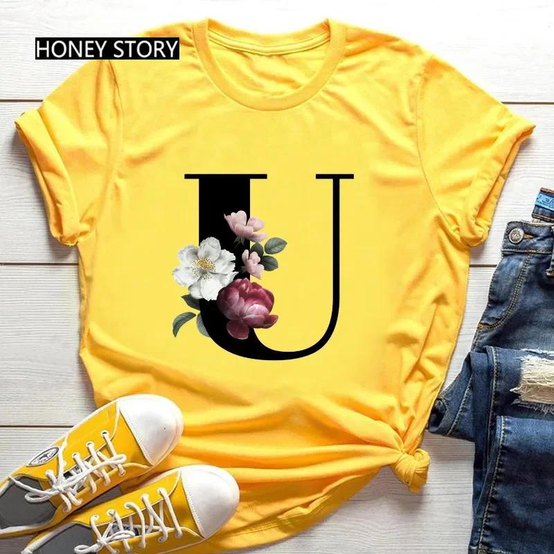 Women's Summer Short Sleeve T-Shirts Fashionable Casual Round Neck 26 English Letters Flower & Name Letter Printed Cotton T-shirts
