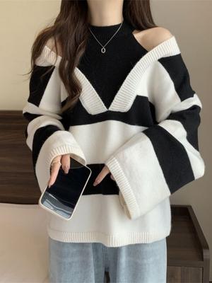 Fake Two-piece Hanging Neck Sweaters for Women Off Shoulder Contrasting Striped Sweater  Autumn Loose Female's Chic Tops
