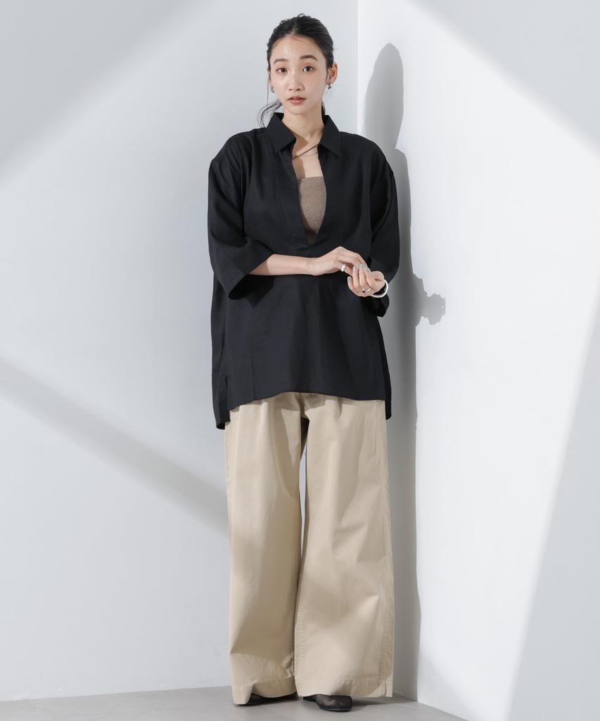 Nano Universe Linen Pullover Size F Women's Anti-Smell V-Neck Shirt, Black, 010, 673-5121301