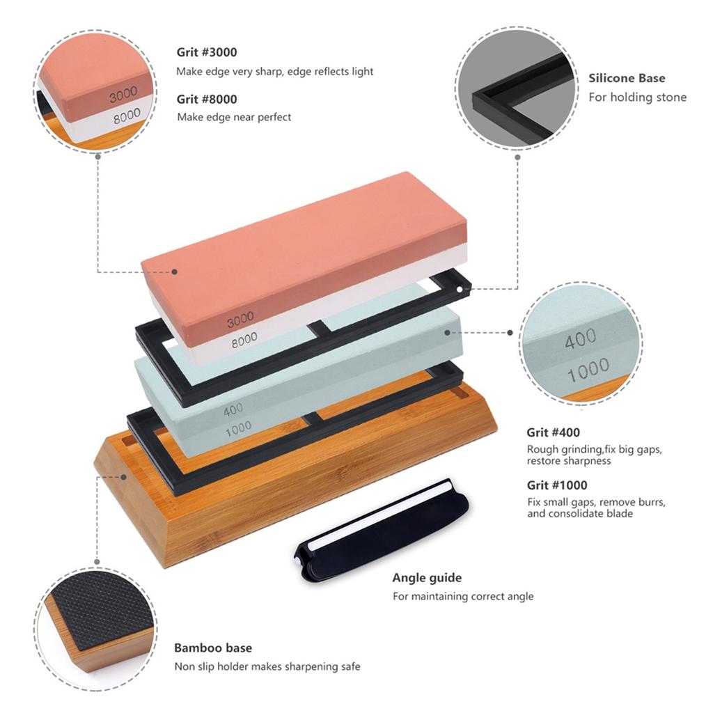 400 1000 3000 8000 Grit Sharpening Stone Double Sided Whetstone Cut Set With Non Slip Bamboo Base and Free Angle Guide