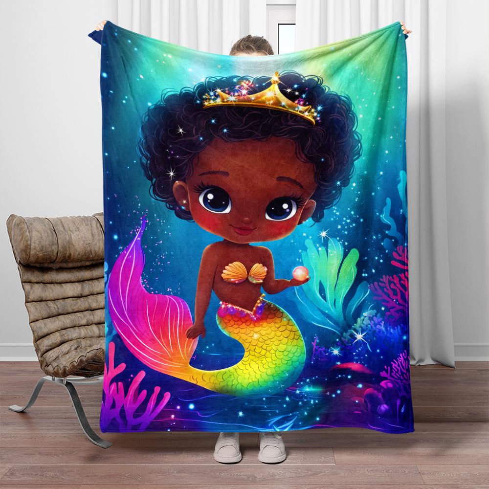 Cute African American mermaid princess rainbow tail flannel blanket fantasy underwater scene childrens bedding soft throwblanket