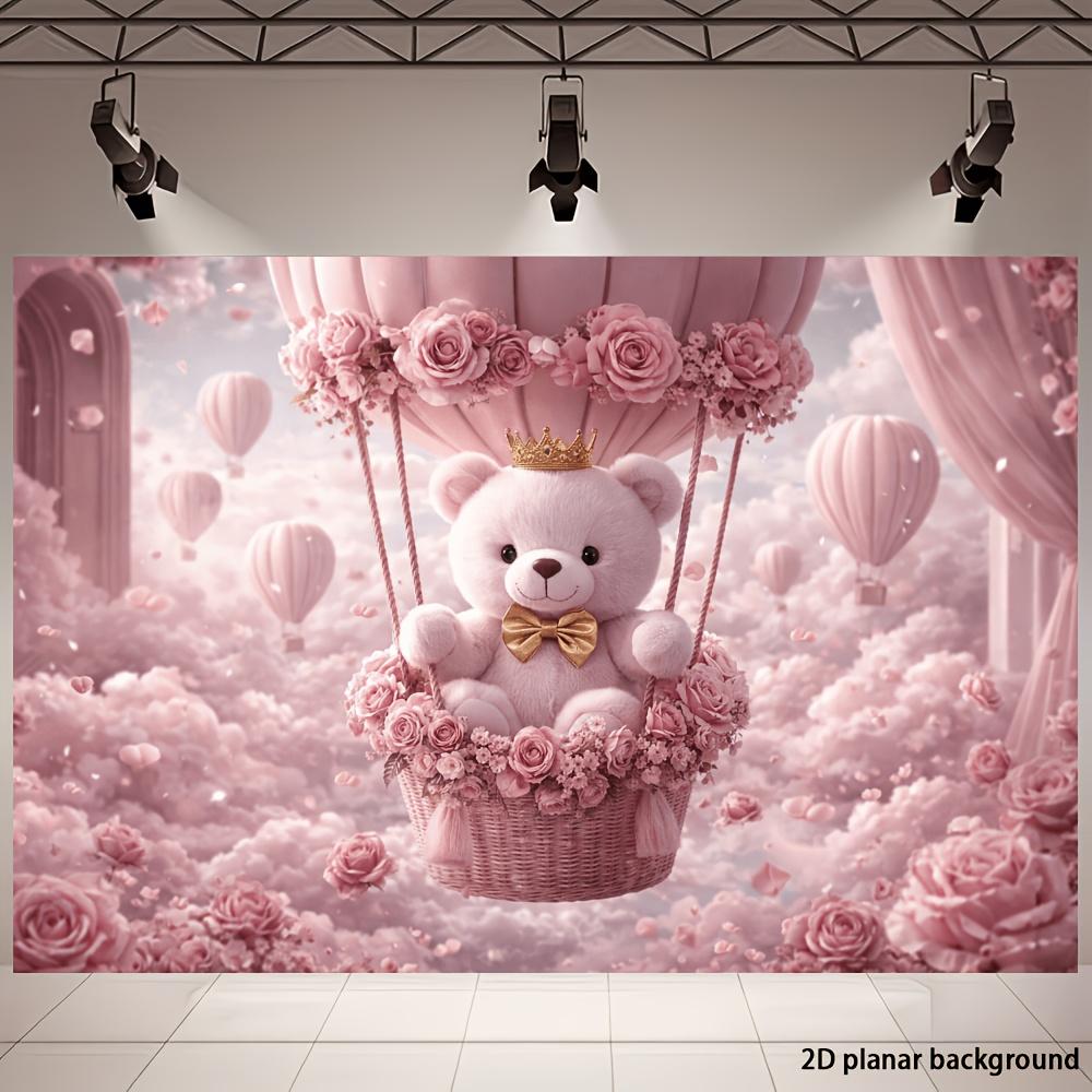 1Pcs Pink Teddy Bear Hot Air Balloon Decoration Background Backdrop For Photo Studio Photo Booth Party