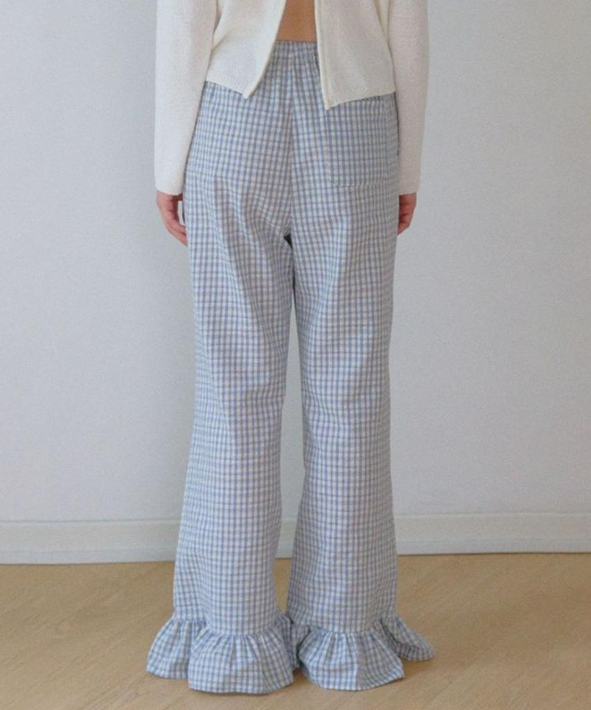 Okuka Summer String Frill Pants - Blue Check