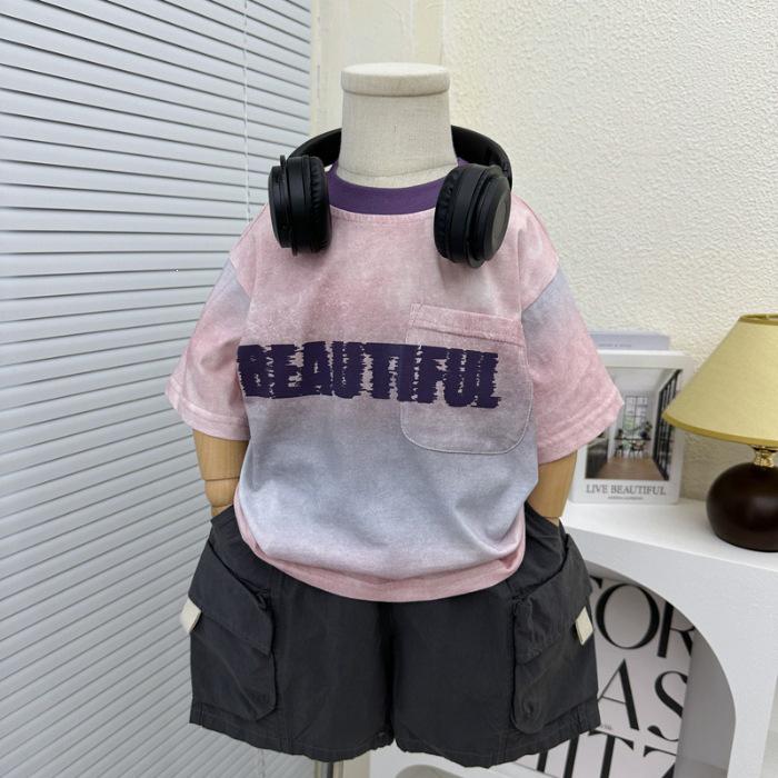 Boys Trendy Korean Tie-Dye Sports Set - Gradient Letter Short Sleeve & Shorts Two-Piece (2026) 130 cm