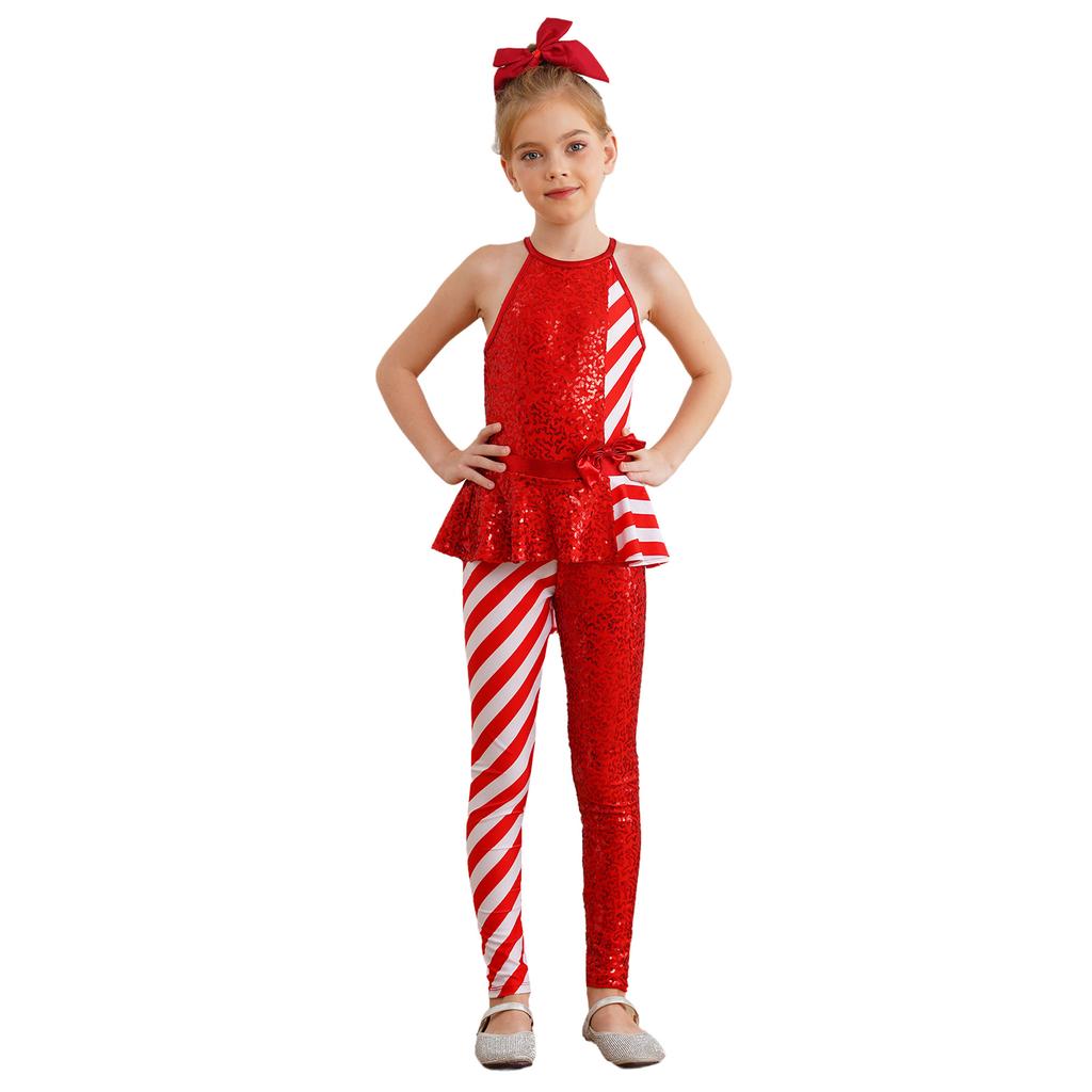 Girls Peplum Jumpsuit Christmas Costume Sleeveless Open Back High Waist with Sequins