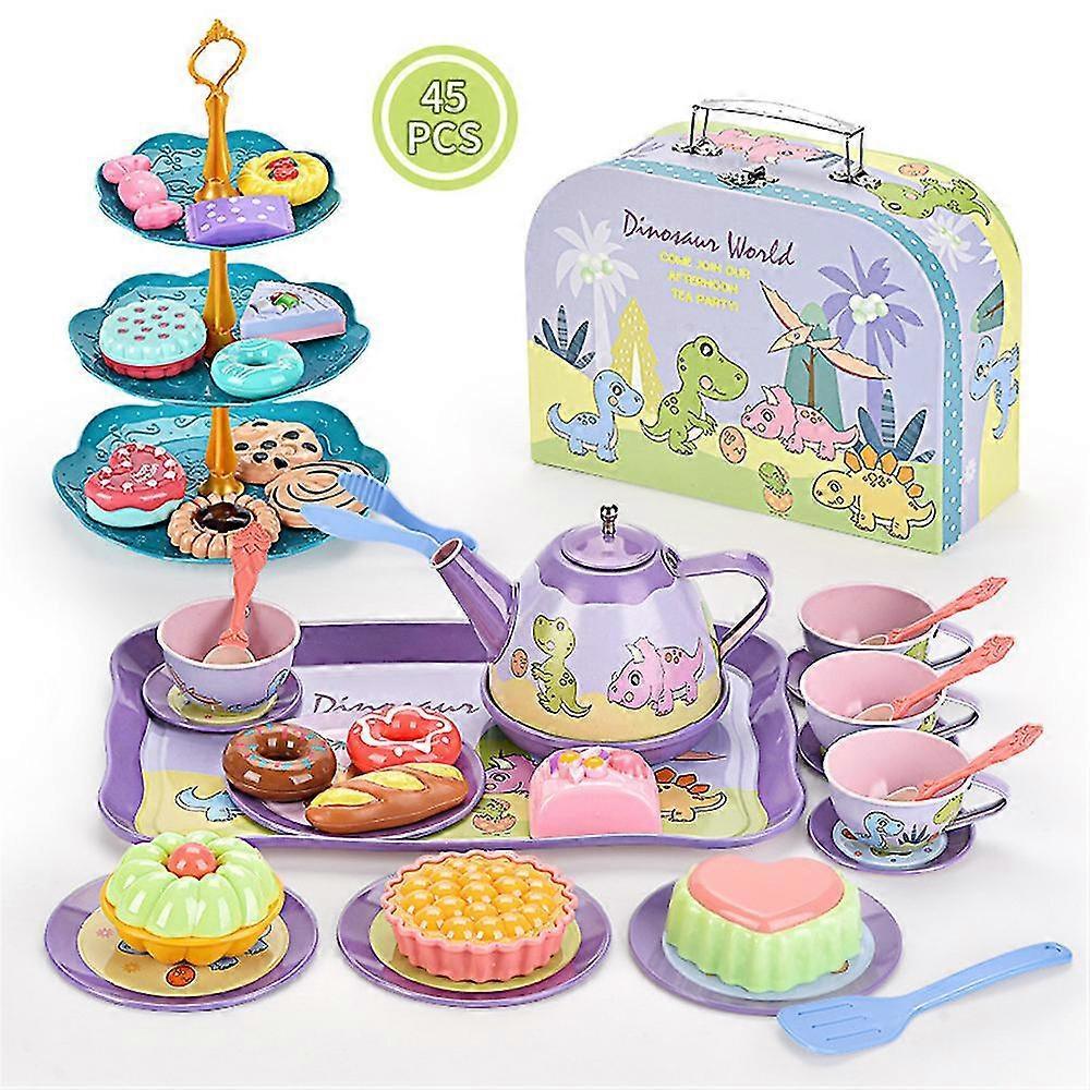 Little Girls Tea Set, Princess Afternoon Tea Toy Playset, Kitchen Pretend Toys, Teapot Tableware Dessert and Suitcase, Kids Play Tin Can Tea Party Fav