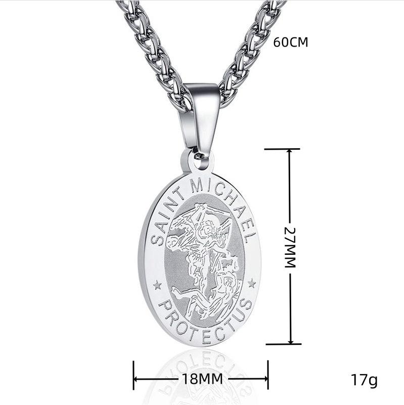 Vintage Oval Coin Pendant Necklace With St Michael Archangel Relief Design Unisex Jewelry