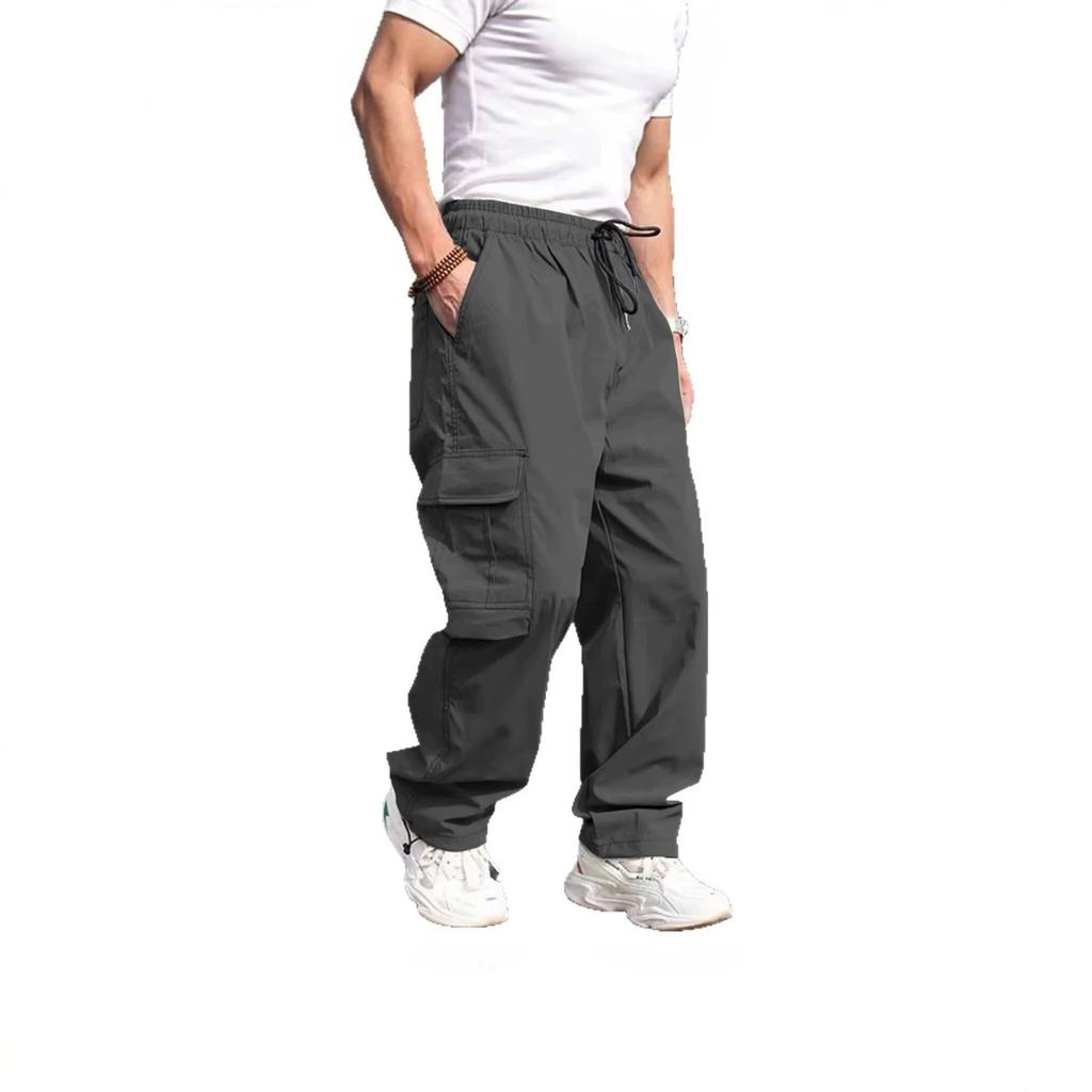Outdoor commuting multi-pocket tooling trousers, men's summer drawstring elastic waist, wear-resistant straight tactical casual trousers
