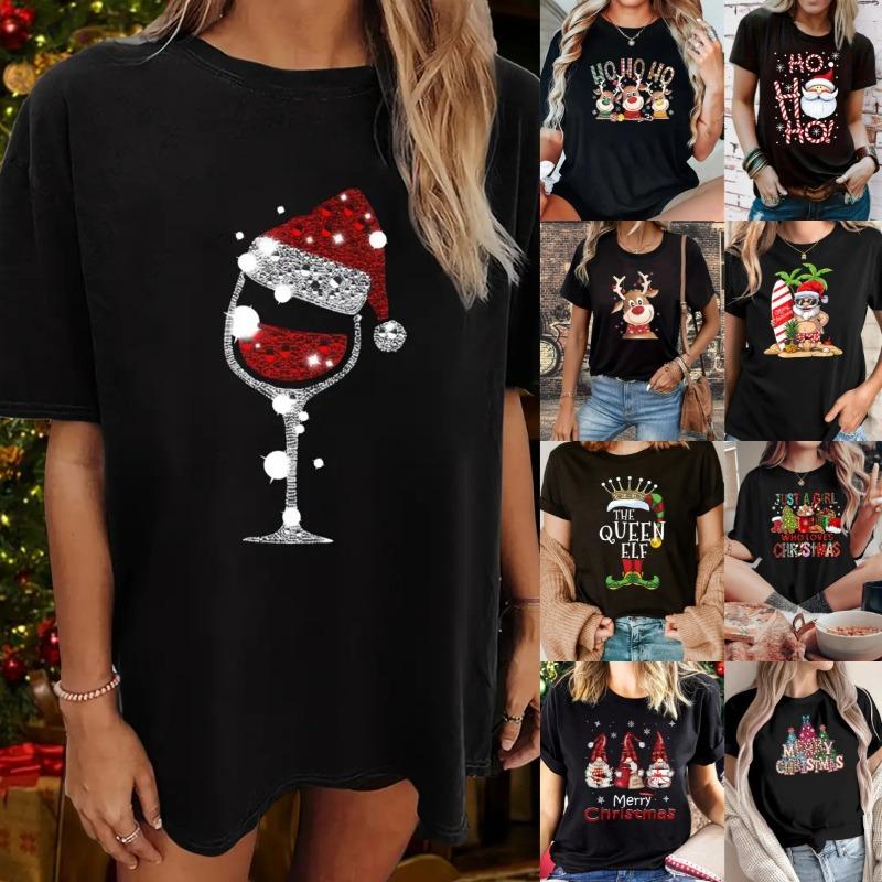 Summer Christmas Printed Women's Loose Casual Round Neck Pure Cotton Short Sleeved T-Shirts Women’s
