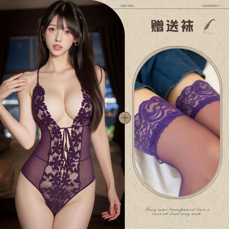 Sexy Lace Suspender Deep V Sex Underwear Lace-Up Perspective Hollow Mesh Onesie