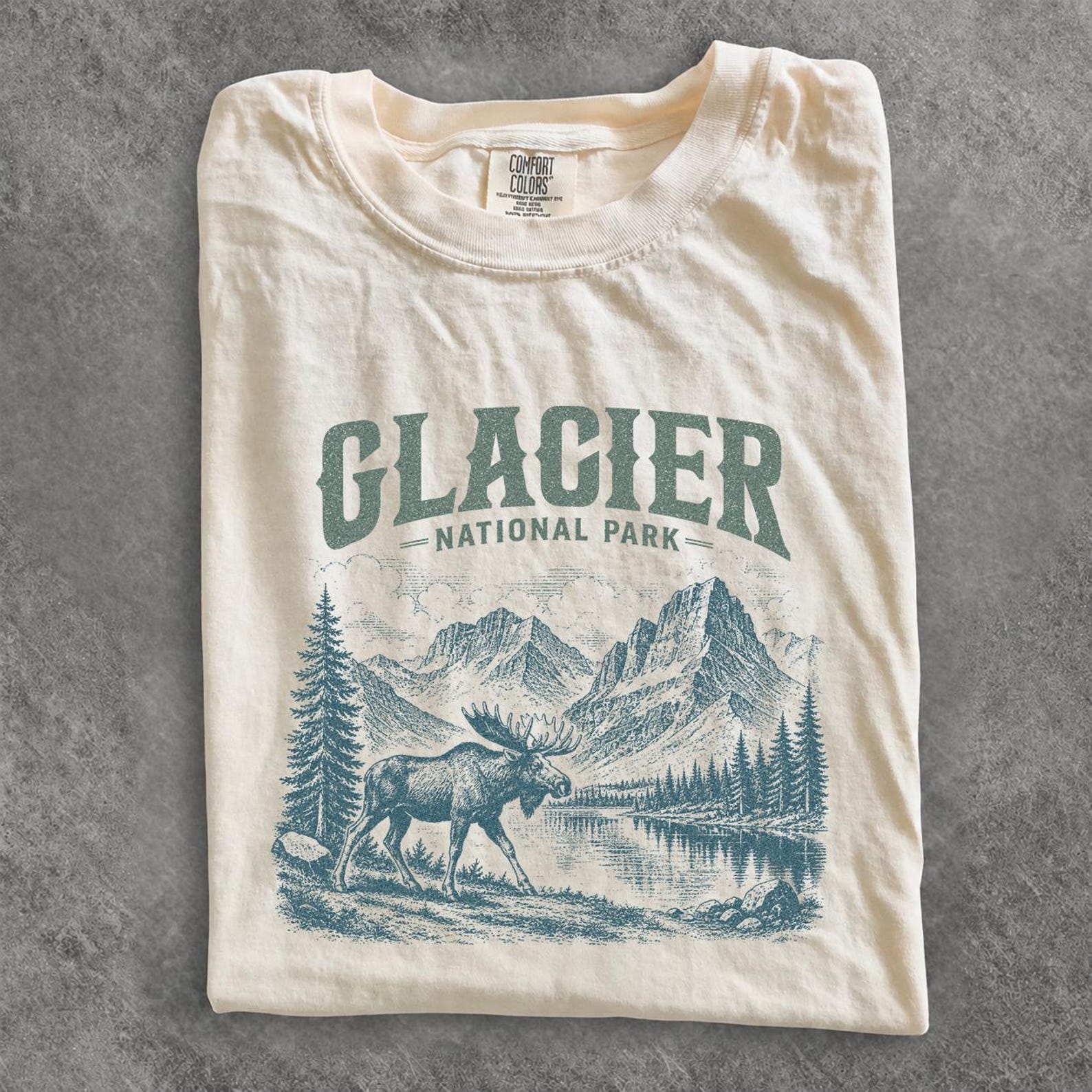 Comfort Colors Glacier National Park Moose T-Shirt, Montana Mountain Retro Tee L