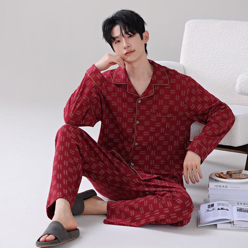 Men's Long-Sleeve Pure Cotton Pajama Set with Lapel - Autumn/Winter Two-Piece Homewear