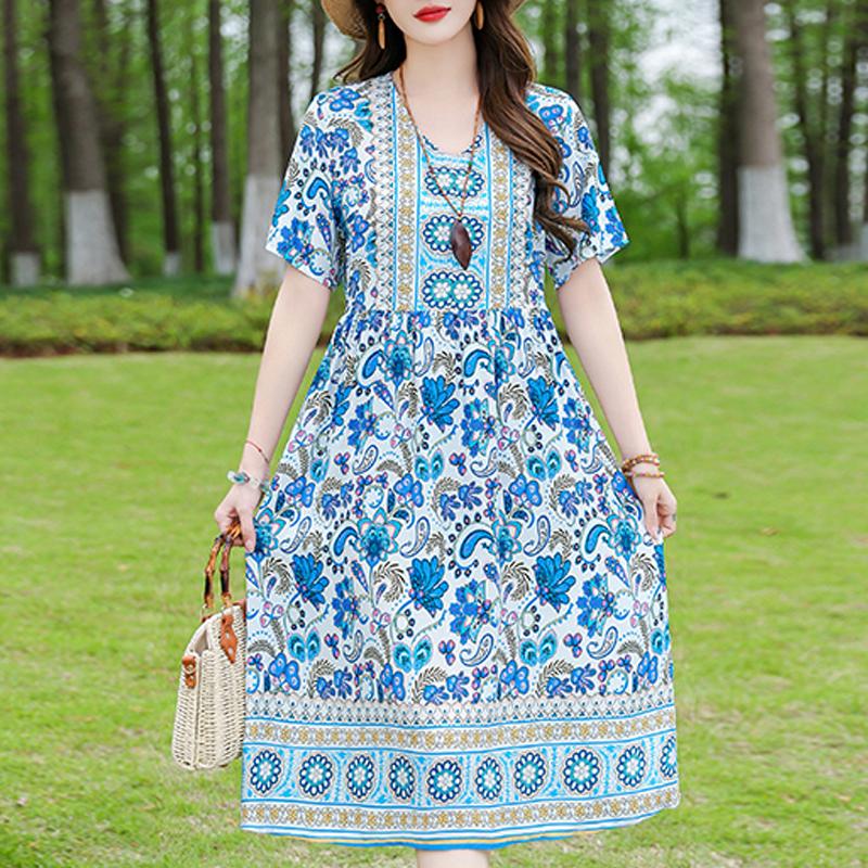 Elegant Women's Dress Summer Vintage Clothes Loose Short Sleeve Plus Size Casual Long Dresses