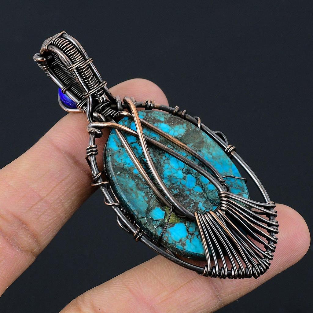 Tibetan Turquoise & Blue Evil Eye Pendant, 999 Copper Wire Wrapped Gemstone Jewelry, Handmade Pendant, For Thanksgiving