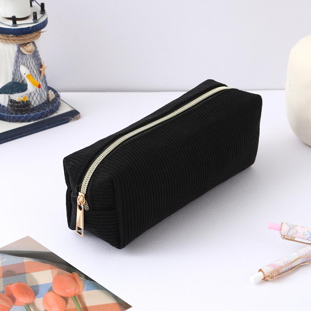 1 PC Solid Color Striped Corduroy Pencil Case Portable Large Capacity Desktop Stationery Storage Student Back-to-School Gift