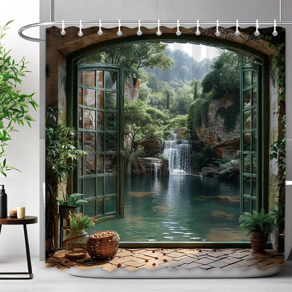 Chinese Archway Scenic Shower Curtain Landscape Waterfall Outdoor Landscape Polyester Fabric Shower Curtains Bathroom Decoration