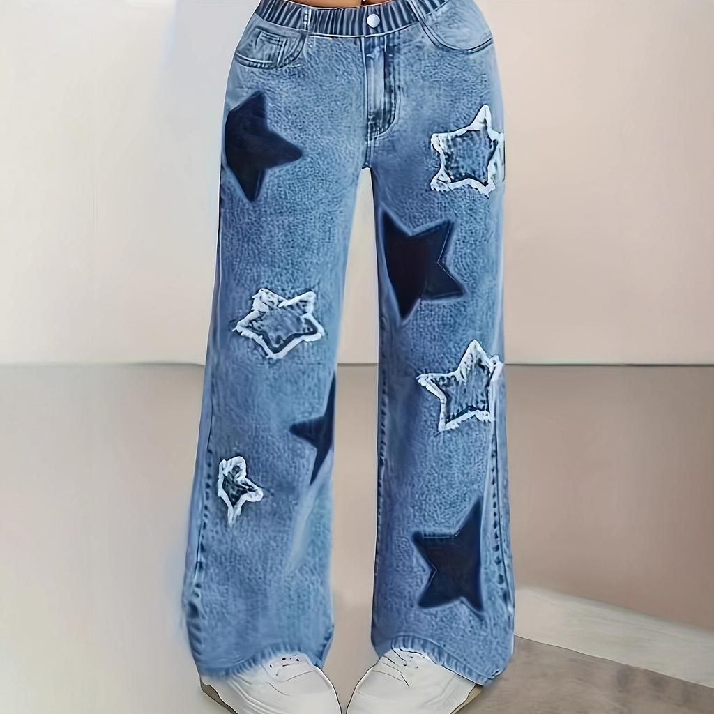 Five-pointed Star Imitation Denim Effect All-over Printed Plus Size Women's Casual Printed Flared Pants