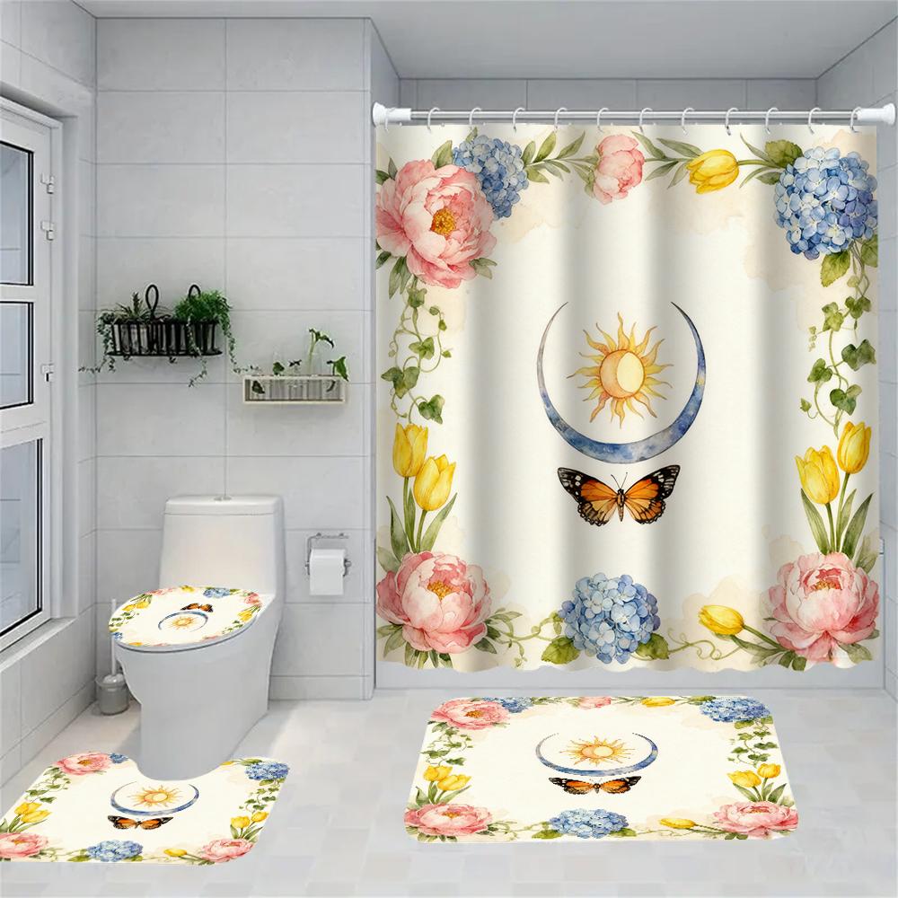 1/4 Marine Organisms Print Shower Curtains, Toilet Seat Decoration, Shower Curtain with Carpet and Toilet Lid, 70.8x70.8 Inch