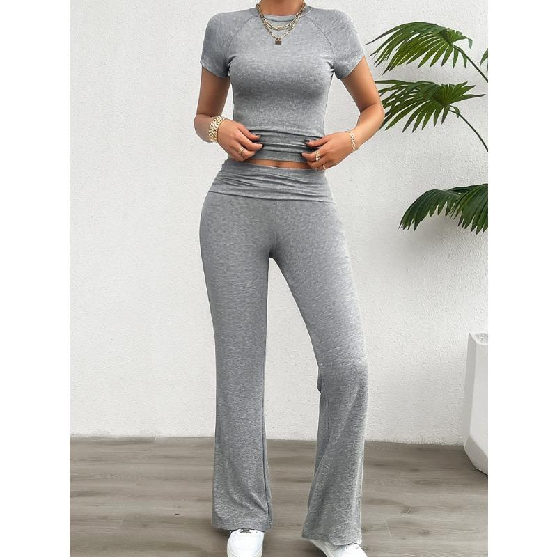 Summer casual solid color slim short-sleeved trousers set