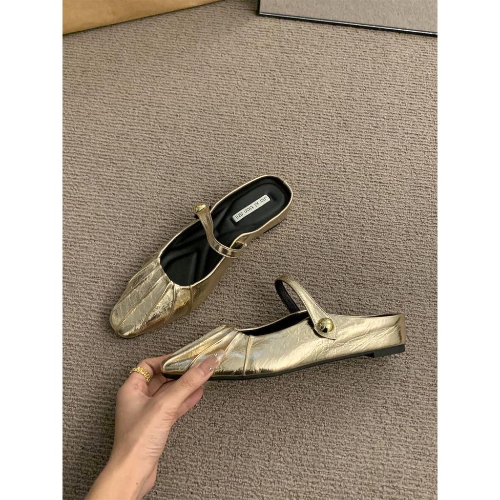 Silver bag head half slippers women's shoes wear 2025 new summer French Mary Jane half a word with single shoes