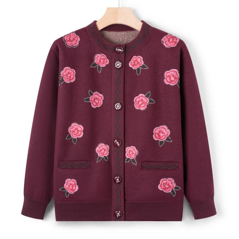 Middle-aged mother's autumn new velvet thickened knitted sweater grandma's cardigan printed top casual jacket