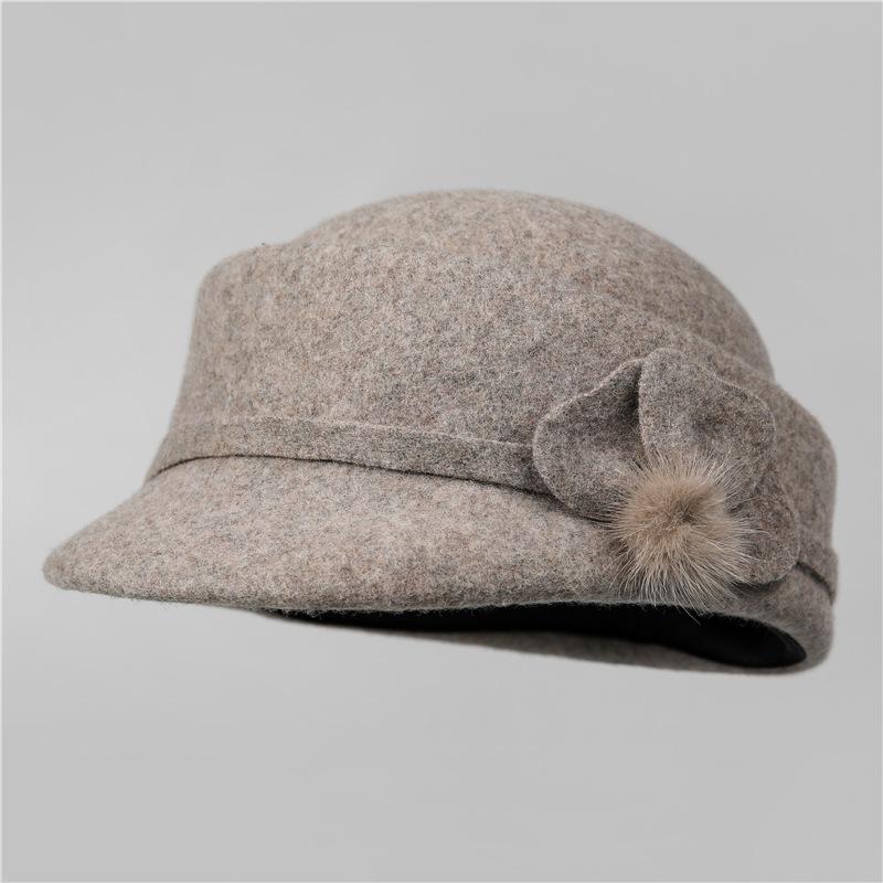 Retro Herbst- und Winter-Damenwolle, elegante dreiblättrige Blume warme kurzkrempige Schirmmütze, kleiner Reiterhut