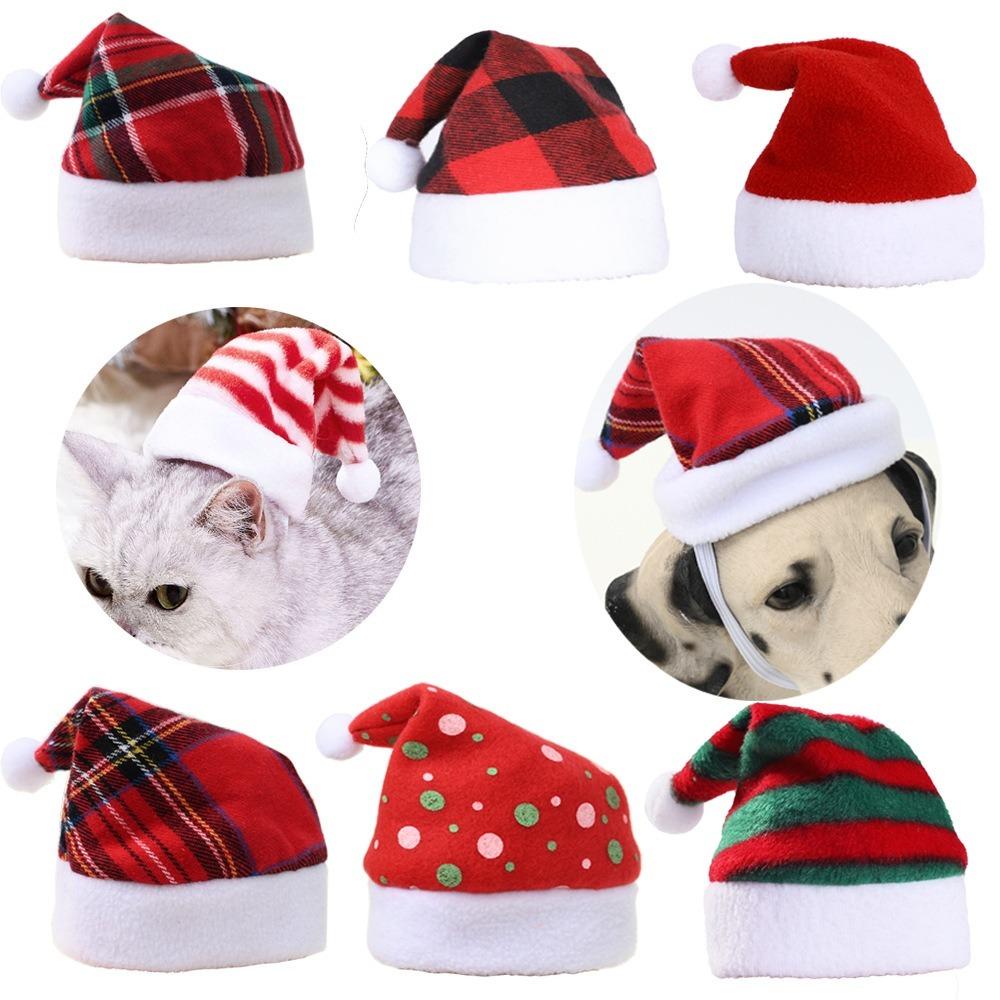 New Christmas Pet Hat Soft Warm Santa Claus Caps Xmas Decor Red Plaid Dog Headwear for Puppy Cat