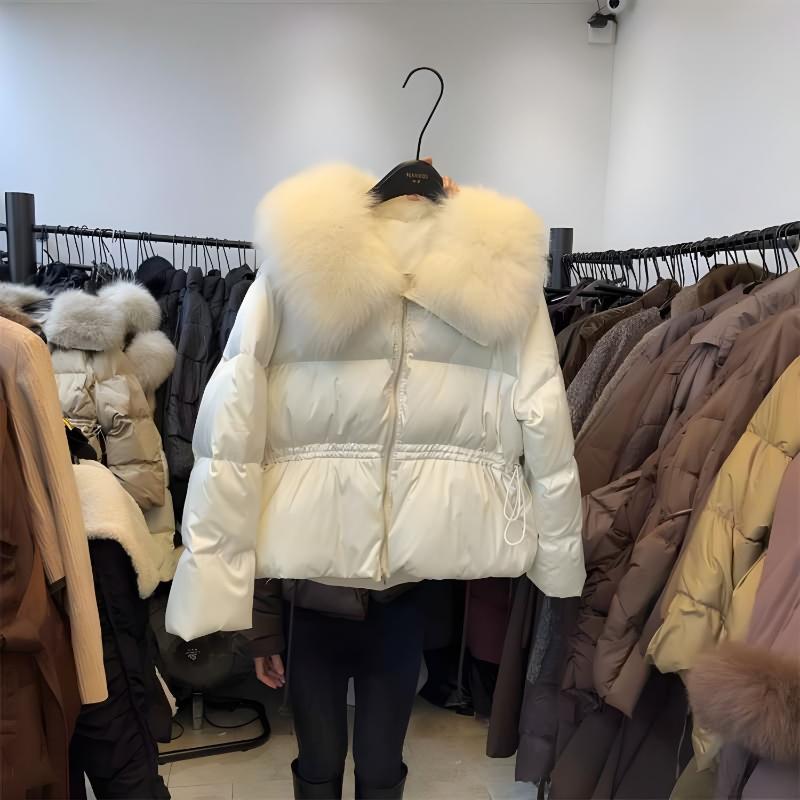 Jachetă de puf cu rever din blană de vulpe pentru femei, iarnă, talie lejeră