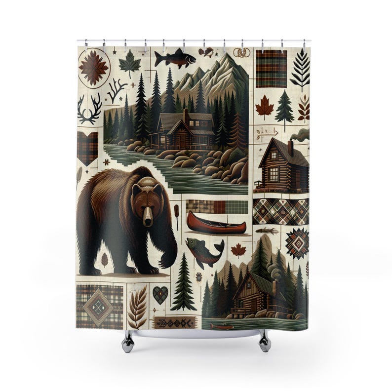 Rustic Cabin Shower Curtain - Bear, Canoe & Forest Nature Design, Ideal for Lodge, AirBnB or Outdoor Lover Gift
