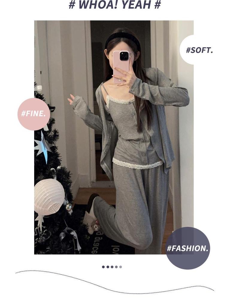 Women's Ins Camisole Three-Piece Set: Long Sleeve Top & Pants | Loose Korean-Style Autumn/Winter Home Wear