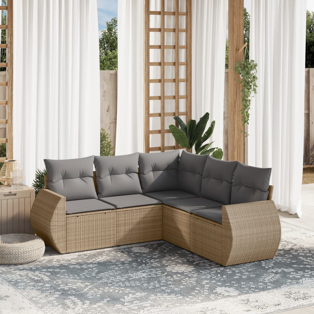 Vidaxl 5-Cz. Garden Furniture Set With Cushions, Beige, Poly Rattan