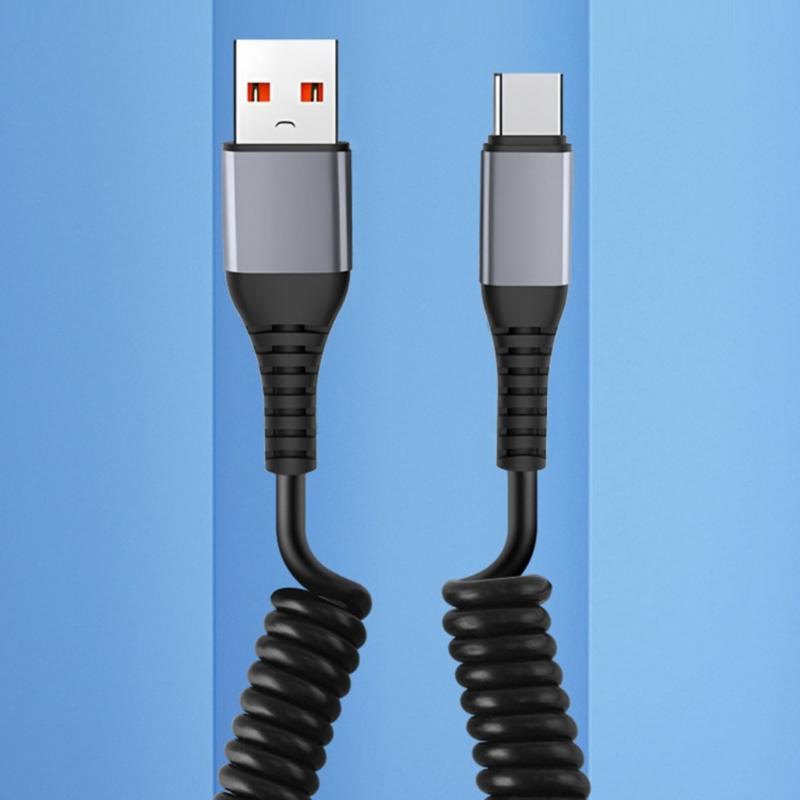 Coiled USB to USB C Cable Fast Charger Cord Retractable USB to USB C Coiled Cable Easy to Carry Charger for Smartphone
