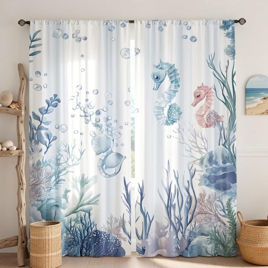2PCS Digital Printed Curtains with Coral Seahorse Design, Stylish Window Drapes for Living Room Bedroom Home Decoration