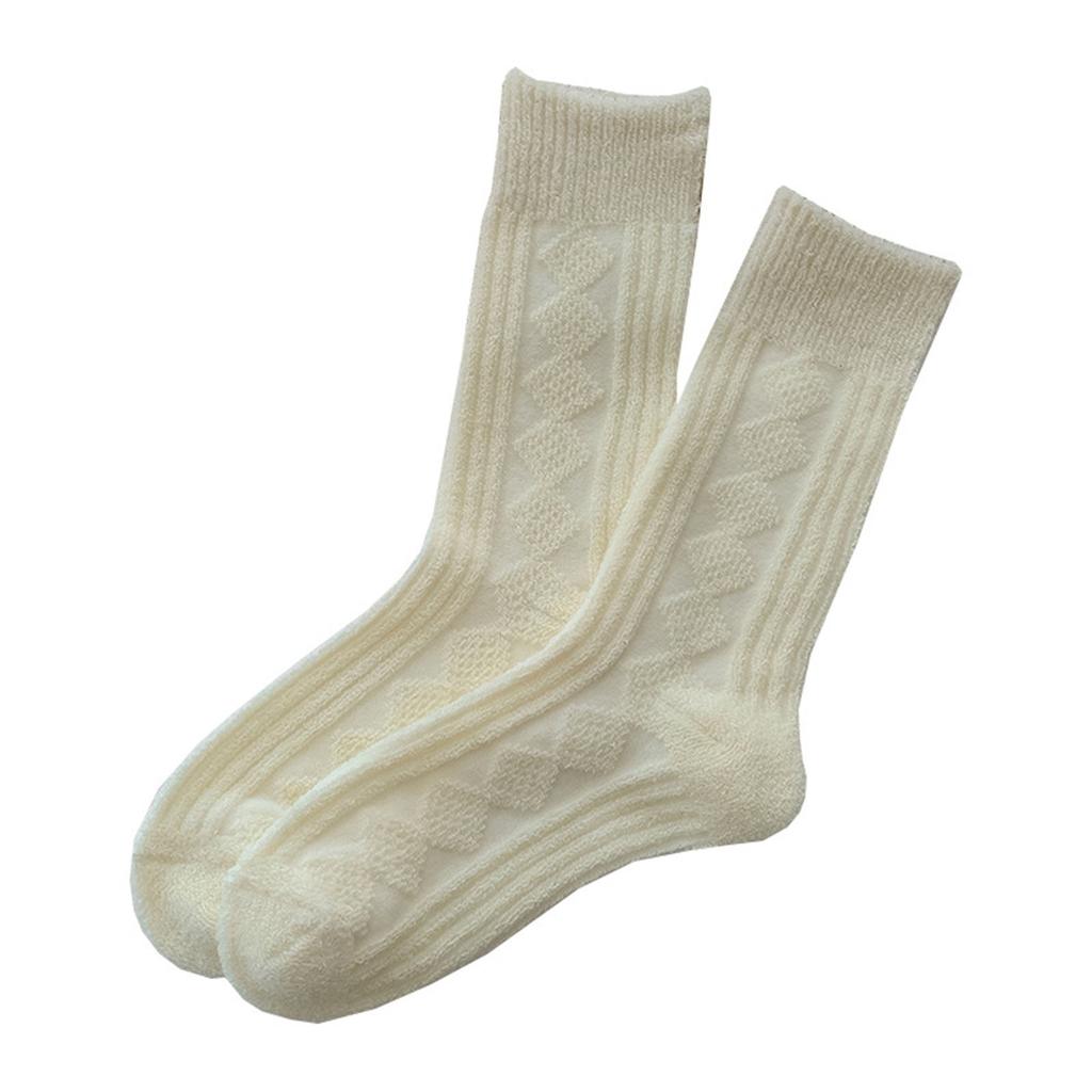Solid Color Rhombus Striped Pattern Winter Thermal Warm Crew Socks for Women Thicken Faux Wool Knit Middle Tube Socks