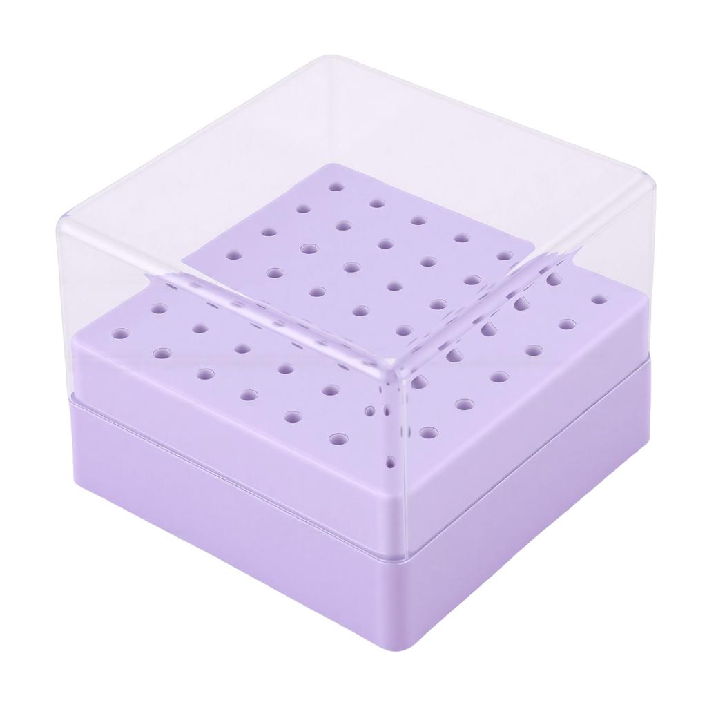 49 Holes Nail Drill Bits Holder Nail Polish Head Storage Box with Clear Dust Lid for Salon Home Purple