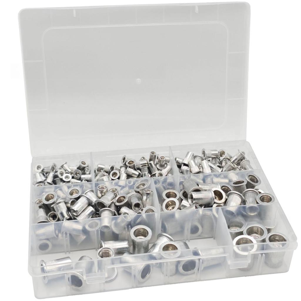 Scatola da 320 Pezzi Dado Rivetto in Alluminio Filettato Testa Piatta Inserti Ciechi M3-M12 Assortimento