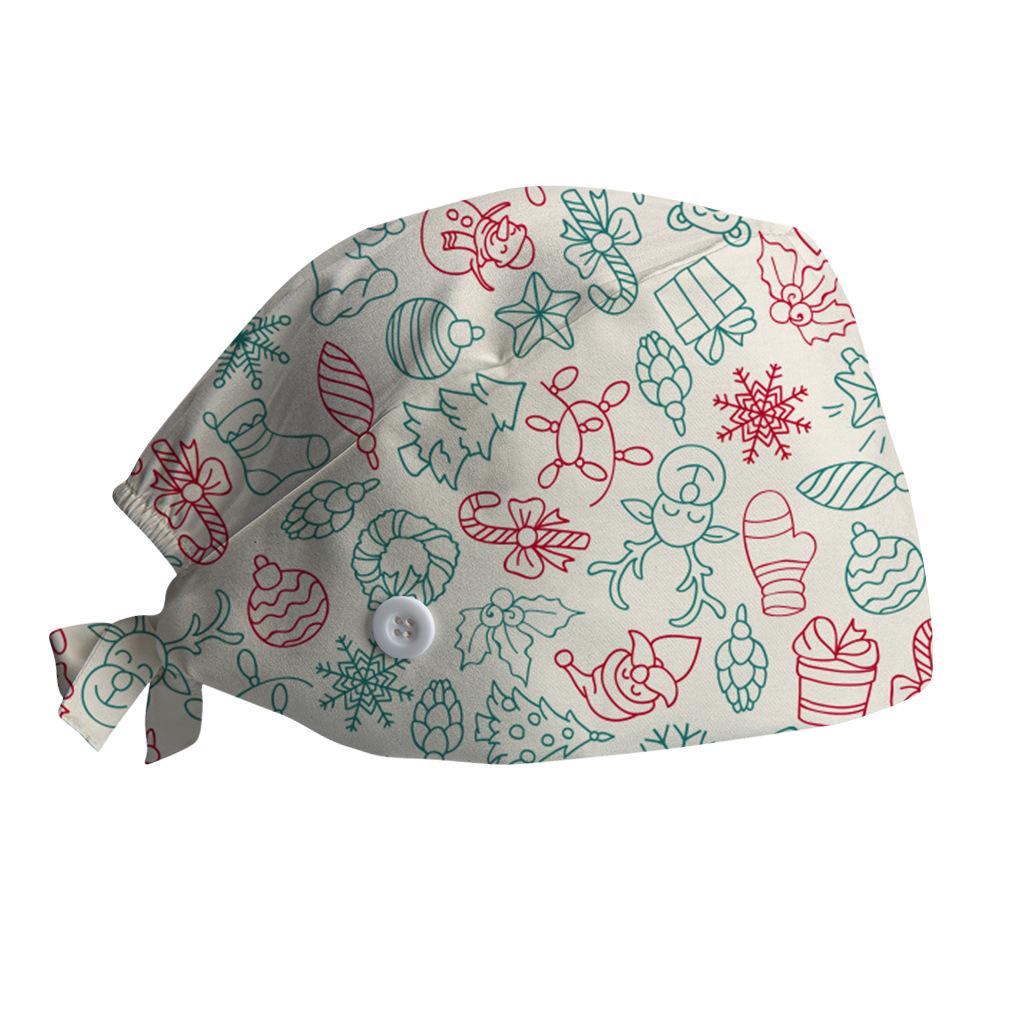 Surgical Cap with Adjustable Printed Christmas Theme Hat, Sweat Wicking Strip, Dust-proof Cloth Bag Head Cap, Doctor's Oral Cap, Nurse's Cap