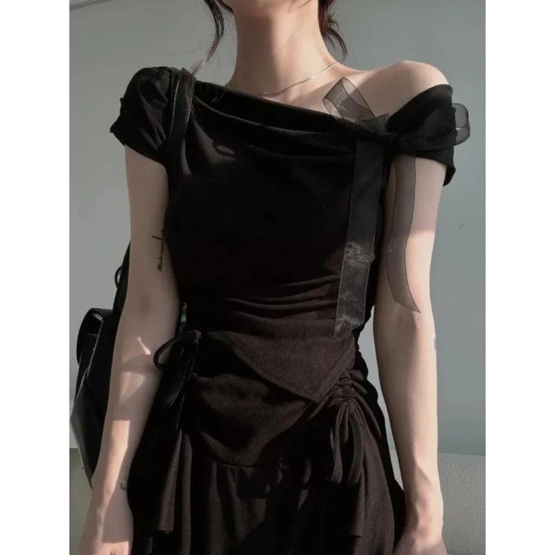 

Летние сексуальные кружевные однотонные уличные топы, женские тонкие футболки без рукавов с милым бантом, женские модные шикарные футболки нестандартной формы One Size чёрный