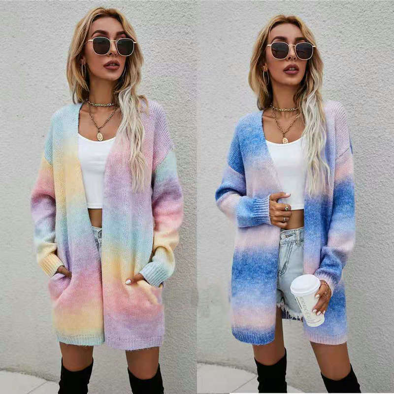 Autumn and Winter New European and American Women's Cardigan Sweater Rainbow Mid-Length Cardigan Knit Jacket for Women