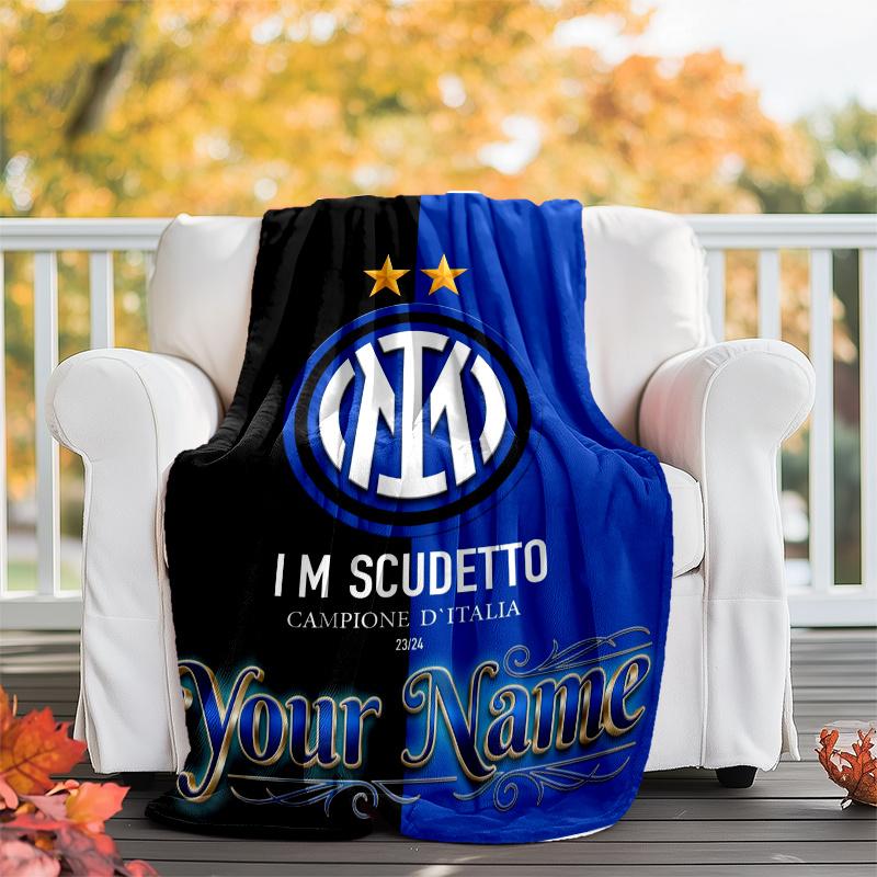 1pc Personalized Name Internazionale Milano Theme Blanket - Digital Print, Polyester, Cozy for All Seasons, Perfect for Outdoor, and Travel
