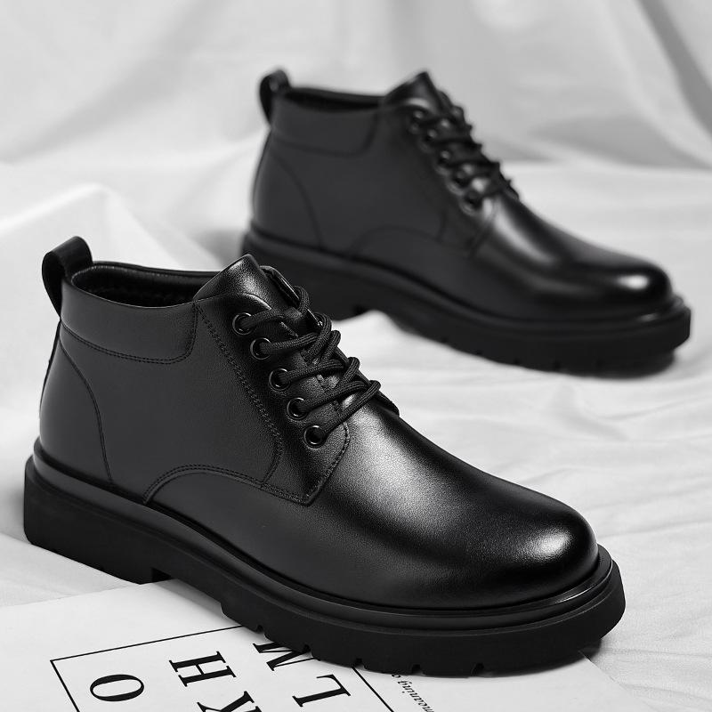 Martin Men's 2024 Black Leather Boots: Plus Velvet, Thickened, Height-Enhancing, Casual, Warm Work Boots for Autumn/Winter