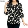 Women Floral Print Casual Round Neck Loose 3/4 Sleeve Blouse