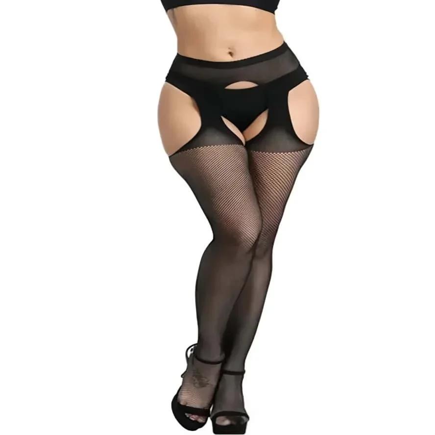 New Plus Size Black Lace Mesh Silk Stockings For Oversize Women Sexy Non-Slip Fishnet Thigh High Thin Socks Xl Spring Summer