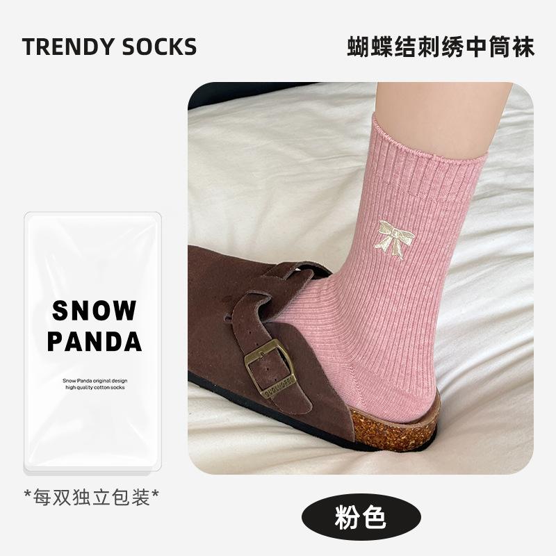 Bow Socks Women'S Autumn Korean Wind Cotton Socks Retro Medium Tube Socks Solid Color Women'S Socks Medium Tube Stacking Socks
