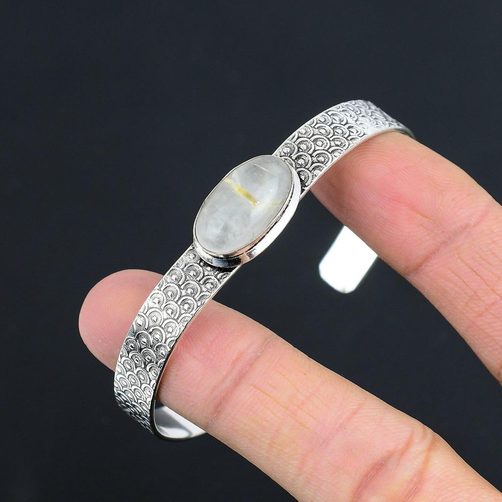 Sterling Silver Oval Golden Rutile Gemstone Boho Wedding Handmade Mother Bangle