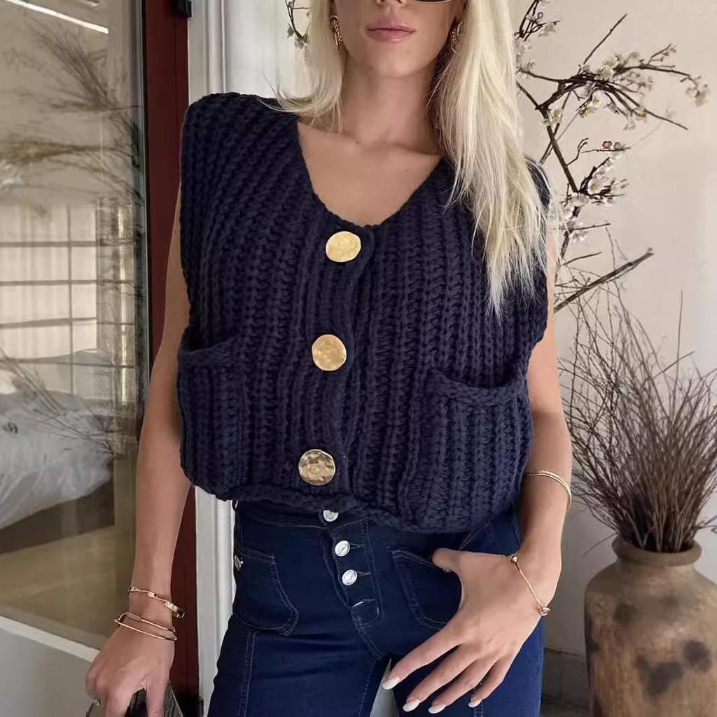 Women's V-Neck Chunky Knit Sleeveless Cardigan Vest - European & American Style, Autumn/Winter 2025